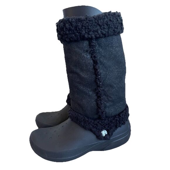 Crocs Womens Black Faux Fur Pull On Mid Calf Nadia Winter Boots Size 9 - Picture 1 of 14